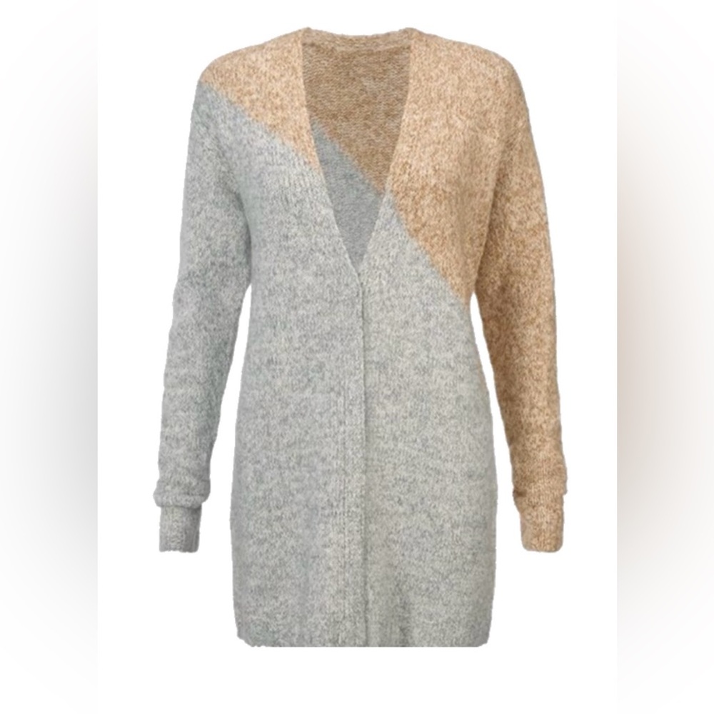 CAbi Two-Tone Open Knit Cardigan in Gray and Tan